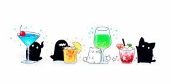 animal black_cat blue_bow bow cat cherry cocktail cocktail_glass cup drink drinking_glass drinking_straw food food_focus fruit glass highres holding horns hoshikui ice lemon lemon_slice multiple_others no_humans o_o orange_(fruit) orange_slice original shoutarou_(shoutarotttt) simple_background solid_circle_eyes sparkle star_(symbol) white_background