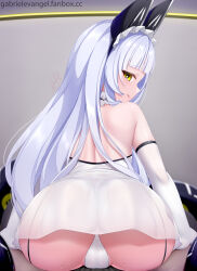1girl :q animal_ear_headwear ass ass_focus azur_lane backless_dress backless_outfit bare_shoulders blush cameltoe dress fake_animal_ears from_behind gabriel_evangel garter_straps gloves half-closed_eyes highres leaning_forward licking_lips long_hair looking_at_viewer looking_back microdress observer_alpha_(azur_lane) panties rigging seductive_smile siren_(azur_lane) smile solo tentacles tongue tongue_out underwear very_long_hair white_dress white_gloves white_hair white_panties yellow_eyes