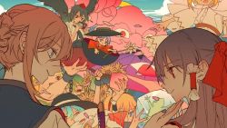 1boy 6+girls alice_margatroid bird_wings bow bowl bowl_hat cirno cloud cover cropped_torso cup daisy_(flower) flandre_scarlet flower food from_behind frozen_frog fruit hair_bow hakurei_reimu hat hinanawi_tenshi holding holding_flower holding_plate hoshiguma_yuugi huang_gua karakasa_obake kazami_yuuka lily_white looking_at_another mob_cap multiple_girls nail_polish out_of_frame peach peach_hat_ornament petals plate profile red_nails sakazuki shameimaru_aya sukuna_shinmyoumaru sunflower tatara_kogasa touhou umbrella unzan white_flower white_headwear wings yakumo_yukari yellow_flower