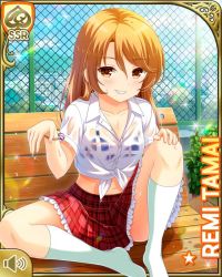 1girl bench bikini blue_bikini brown_eyes brown_hair card_(medium) chain-link_fence closed_mouth collarbone day fence girlfriend_(kari) looking_at_viewer low_twintails navel official_art outdoors plaid_clothes plaid_skirt pleated_skirt qp:flapper red_skirt school school_uniform shirt sitting skirt smile socks solo swimsuit swimsuit_under_clothes tagme tamai_remi tied_shirt twintails wet wet_clothes white_shirt wooden_bench