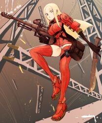 1girl absurdres bag blonde_hair blue_eyes boots breasts shell_casing doe774 elbow_gloves full_body gloves gun highres long_hair looking_down machete medium_breasts metal_gear metal_gear_(series) metal_gear_acid metal_gear_acid_2 panties rifle satchel sniper_rifle turtleneck underwear venus_(mga) weapon white_panties