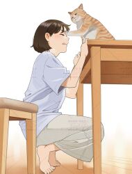 Rule 34 | 1girl, barefoot, closed eyes, commentary request, feet, grey pants, mattaku mousuke, open mouth, orange cat, original, pants, shirt, squatting, stool, t-shirt, table, teeth, toes, upper teeth only, watermark, watermark grid, white shirt, wooden floor