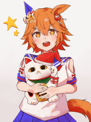 +_+ 1girl absurdres animal_ears blue_sailor_collar blue_skirt clothing_cutout clover_hair_ornament commentary_request commission daruma_doll ear_covers flipped_hair four-leaf_clover_hair_ornament hair_between_eyes hair_ornament highres holding horse_ears horse_girl horse_tail izi_dw maneki-neko matikanefukukitaru_(umamusume) open_mouth orange_hair pixiv_commission pleated_skirt sailor_collar shirt short_hair short_sleeves shoulder_cutout simple_background single_ear_cover skirt smile solo star_(symbol) tail umamusume white_background white_shirt yellow_eyes