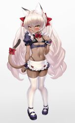 1boy :3 animal_ears animal_nose ankle_strap apron arm_at_side bikini bikini_skirt black_bikini black_shoes black_skirt black_wrist_cuffs blush bow bow_apron brown_tail bulge cat_boy cat_ears cat_tail clenched_hands closed_mouth commentary_request crossdressing crossdressing_(mtf) dark-skinned_male dark_skin embarrassed fluffy_hair framed_breasts frilled_apron frilled_wrist_cuffs frills full_body furrowed_brow furry furry_male gradient_background grey_background hair_bow hand_on_own_chest hand_up highres knees_together_feet_apart light_frown linea_alba long_hair looking_at_viewer maid maid_apron maid_bikini male_focus male_maid mary_janes navel original panty_straps pigeon-toed pleated_skirt puffy_short_sleeves puffy_sleeves red_bow shiny_clothes shiny_legwear shiny_skin shoes short_sleeves sideways_glance simple_background skindentation skirt solo standing stomach swimsuit tachi-e tail tail_bow tail_ornament tail_raised thighhighs trap twintails unconventional_maid very_long_hair waist_apron white_apron white_hair white_thighhighs wrist_cuffs yapo_(croquis_side) yellow_eyes zettai_ryouiki