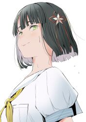 1girl absurdres black_hair blunt_bangs blunt_ends breast_pocket commentary_request dress flower flower_knot from_side green_eyes hair_flower hair_ornament hasu_no_sora_school_uniform highres link!_like!_love_live! looking_at_viewer love_live! momose_ginko neckerchief pocket puffy_short_sleeves puffy_sleeves sailor_collar sailor_dress school_uniform short_hair short_sleeves simple_background smile solo split_mouth summer_uniform tommer upper_body virtual_youtuber white_background white_dress white_flower white_sailor_collar yellow_neckerchief