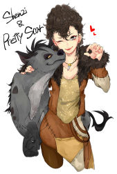 1girl absurdres breasts brown_hair character_name claw_pose collarbone commentary_request disney disneyland fang tooth_necklace grey_eyes hair_between_eyes hand_on_another&#039;s_neck happy highres hyena jewelry lips long_sleeves looking_at_viewer necklace one_eye_closed pretty_scar pumo_(pixiv20256262) recruiters_(disney) shenzi simple_background small_breasts smile smirk the_lion_king upper_body white_background yellow_eyes
