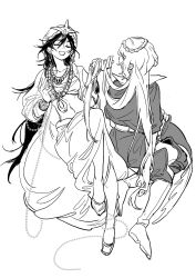 2girls arabian_clothes baggy_pants boots bracelet braid chest_sarashi closed_eyes earrings full_body genderswap genderswap_(mtf) greyscale headpiece highres hoop_earrings jewelry long_hair lying magi_the_labyrinth_of_magic midriff monochrome multiple_girls navel necklace on_back open_mouth pants robe sarashi simple_background sinbad_(magi) sitting smile turban white_background xuancheng yunan yuri
