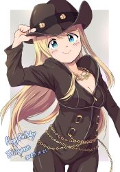 Rule 34 | 1girl, arm up, ayase eli, belly chain, birthday, black bodysuit, black hat, blonde hair, blue eyes, bodysuit, border, breasts, chain, chain necklace, character name, cleavage, closed mouth, cowboy hat, cowboy shot, dated, diamond princess no yuuutsu, english text, gold chain, grey background, hair down, hand on headwear, happy birthday, hat, highres, jewelry, long hair, long sleeves, looking at viewer, love live!, love live! school idol project, necklace, official alternate costume, outside border, sen (sen0910), simple background, smile, solo, standing, white border
