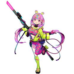 1girl :d asymmetrical_legwear blonde_hair blue_hair game_cg girls&#039;_frontline girls&#039;_frontline_neural_cloud gloves green_hair green_jacket highres jacket navel official_art onono_imoko open_clothes open_jacket open_mouth pink_eyes pink_hair puzzle_(neural_cloud) smile solo standing standing_on_one_leg symbol-shaped_pupils tachi-e third-party_source transparent_background x-shaped_pupils