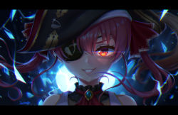 1girl artist_name bare_shoulders bicorne black_hat eyepatch glowing glowing_eye hair_ribbon hat heterochromia hololive hololive_fantasy houshou_marine jackmiho long_hair looking_at_viewer pirate pirate_hat portrait red_eyes red_hair red_ribbon ribbon signature smile solo twintails virtual_youtuber