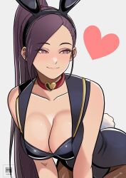 1girl animal_ear_hairband animal_ears artist_logo artist_name bent_over black_hairband black_pantyhose breasts bright_pupils choker cleavage commentary cowboy_shot dragon_quest dragon_quest_xi english_commentary fake_animal_ears fake_tail fishnet_pantyhose fishnets hairband heart heart_choker high_ponytail highres ihsnet large_breasts logo looking_to_the_side martina_(dq11) official_alternate_costume pantyhose ponytail purple_eyes purple_hair rabbit_ears rabbit_tail smile solo tail tailcoat_playboy_bunny white_background white_pupils