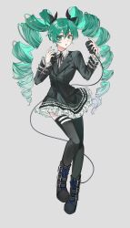 1girl :o absurdres aqua_nails black_boots black_jacket black_ribbon black_skirt black_thighhighs blazer blue_eyes blue_hair blue_nails boots collar drill_hair formal_clothes frilled_collar frilled_skirt frilled_sleeves frills full_body grey_background hair_between_eyes hair_ribbon hatsune_miku highres himitsu_keisatsu_(vocaloid) holding holding_microphone isolate_(gwge5783) jacket long_hair microphone neck_ribbon open_mouth ribbon shirt simple_background skirt solo standing thighhighs twin_drills twintails very_long_hair vocaloid white_shirt