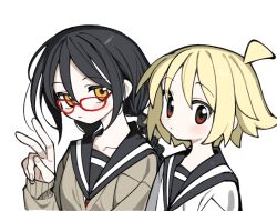 2girls ahoge bent_v black_hair black_sailor_collar blonde_hair blush braid brown_sweater closed_mouth collarbone glasses hand_up kokaki_mumose long_hair long_sleeves low_twin_braids multiple_girls null-meta red-framed_eyewear red_eyes sailor_collar shirt short_hair simple_background souen_chiaki sweater twin_braids uozumi_kurumi upper_body v white_background white_shirt yellow_eyes