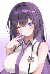 1girl absurdres arisa_(charon_universe) bare_shoulders breasts charon_universe closed_mouth collared_shirt colored_inner_hair commentary domodomo0708 gradient_background hand_up highres large_breasts long_hair looking_at_viewer multicolored_hair nail_polish necktie one_eye_closed purple_eyes purple_hair purple_nails purple_necktie shirt sleeveless sleeveless_shirt smile solo two-tone_background two-tone_hair upper_body v virtual_youtuber white_background white_shirt