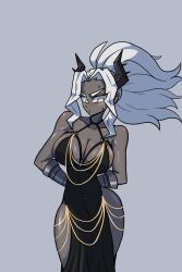 1girl absurdres black_dress blush breasts cleavage closed_mouth collarbone colored_skin dress grey_skin helltaker highres horns judgement_(helltaker) large_breasts long_hair meme_attire modakawa_dress ponytail solo ssussong white_eyes white_hair