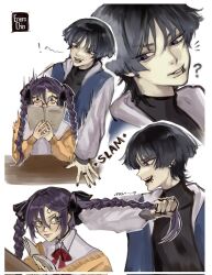 ! 1boy 1girl ? alternate_costume alternate_hairstyle annoyed aqua_eyes artist_name behind_another bespectacled black_bodysuit black_bow black_choker black_hair black_mouth black_nails blue_jacket blunt_bangs blunt_ends bodysuit book border bow braid cardigan casual choker clenched_hand collared_shirt contemporary covered_collarbone desk_slam enerochinarts eyelashes face_piercing genshin_impact glasses grabbing_another&#039;s_hair grey_lips hair_between_eyes hair_bow highres holding holding_book hood hood_down hooded_jacket jacket large_bow long_braid long_hair long_sleeves looking_at_another looking_down lower_eyelashes_only middle_ring mona_(genshin_impact) motion_lines mouth_piercing notice_lines open_book open_cardigan open_clothes open_jacket own_hands_together parted_bangs parted_lips piercing pink_lips purple_eyes purple_hair raglan_sleeves red_bow ribbed_sleeves rimless_eyewear round_eyewear scaramouche_(genshin_impact) school_uniform shirt teasing teeth tongue tsurime twin_braids uneven_eyes white_background white_border white_hood white_mouth white_shirt white_sleeves wide-eyed wispy_bangs yellow_card