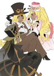 Rule 34 | 3girls, :d, @ @, adjusting clothes, adjusting headwear, arrow (symbol), ascot, black boots, black capelet, black gloves, black hat, black pants, black shirt, blonde hair, boots, bow, breasts, brown hat, brown jacket, brown pants, brown trim, buttons, capelet, closed mouth, cookie run, cookie run: ovenbreak, crossed legs, dark-skinned female, dark skin, double-breasted, eyepatch, frilled eyepatch, frilled sleeves, frills, full body, gloves, goggles, goggles on headwear, hand on own knee, hand up, hands on own cheeks, hands on own face, hands on own thighs, hands up, hat, hat bow, heart, heart eyepatch, high heel boots, high heels, high ponytail, highres, hjoe8, humanization, jacket, juliet sleeves, lapels, large breasts, long hair, long sleeves, looking at viewer, multicolored hair, multiple girls, multiple persona, notched lapels, official alternate costume, official alternate eye color, official alternate hair length, official alternate hairstyle, open mouth, orange eyes, orange hair, pants, parted bangs, pink eyes, pink hat, pink jacket, pink pants, pinstripe pants, pinstripe pattern, ponytail, profile, puffy sleeves, scar, scar across eye, scar on face, shirt, short hair, simple background, sleeveless, sleeveless jacket, smile, streaked hair, teeth, timekeeper cookie, timekeeper cookie (ruler of the ephemeral flow), timekeeper cookie (timeless love), top hat, two-tone hair, upper teeth only, very long hair, white ascot, white background, white gloves, white shirt, yellow bow, yellow eyes