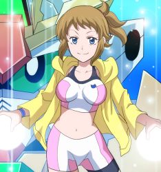 Rule 34 | 10s, 1girl, bad id, bad pixiv id, bike shorts, blue eyes, breasts, brown hair, female focus, gundam, gundam build fighters, gundam build fighters try, hood, hoodie, hoshino fumina, jacket, jimauso, mecha, midriff, navel, ponytail, robot, smile, solo, sports bra, two-tone sports bra, winning gundam