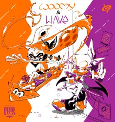 2girls artist_logo bandana bandana_over_mouth closed_eyes flame_print headphones headphones_removed holding holding_wrench hoverboard inkling_girl inkling_player_character jewelry logo midriff multiple_girls necklace nintendo skull_print sonic_(series) sonic_riders sonic_riders_(series) sparkle spiral_cris splatoon_(series) tentacle_hair wave_the_swallow wrench
