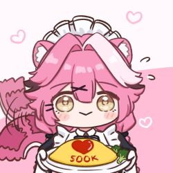1girl :&gt; animal_ears apron black_bow black_bowtie black_fire blush blush_stickers bow bowtie braid broccoli chibi chibi_only closed_mouth commentary english_commentary fire flying_sweatdrops food gloves hair_intakes hair_ornament hairclip heart holding holding_plate hololive hololive_english long_hair looking_at_viewer maid maid_apron maid_headdress motion_lines multicolored_hair omelet panther_ears panther_girl panther_tail pink_background pink_hair plate raora_panthera smile solo streaked_hair summer_floofy tail tail_wagging tamagoyaki twin_braids twintails two-tone_background virtual_youtuber white_gloves yellow_eyes