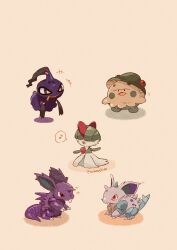 +++ artist_name banette breloom colored_skin commentary_request cosplay creatures_(company) game_freak gardevoir gen_1_pokemon gen_3_pokemon green_hair highres horns musical_note nidoking nidoqueen nidoran nidoran_(female) nidoran_(male) nintendo no_humans open_mouth pokemon pokemon_(creature) ralts red_eyes shroomish shuppet simple_background single_horn solid_oval_eyes spoken_musical_note tail twitter_username white_background white_skin zozozoshion