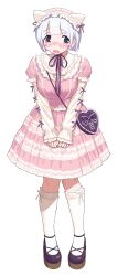 1girl absurdres bag black_shoes blunt_bangs blush blush_stickers breasts cross-laced_hairband dress embarrassed fang frilled_dress frilled_hairband frills full_body hairband heart-shaped_bag highres kneehighs large_breasts layered_sleeves lolita_fashion lolita_hairband long_sleeves looking_to_the_side nervous_sweating open_mouth original oyasumi_guu_guu pink_dress platform_shoes puffy_short_sleeves puffy_sleeves purple_eyes shoes short_hair short_over_long_sleeves short_sleeves shoulder_bag sidelocks simple_background sleeves_past_wrists socks solo standing straight_hair sweat tareme white_background white_hair white_hairband white_sleeves white_socks