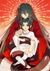 2boys absurdly_long_hair absurdres aged_down bandaged_arm bandages bishounen black_eyes black_hair black_hanfu brown_eyes child chinese_clothes chinese_commentary closed_mouth coat dao_gui_yi_xian full_body hair_between_eyes hair_bun hand_on_another&#039;s_shoulder hanfu highres ji_zai lamia lamia_boy leg_wrap li_huowang long_hair long_sleeves looking_at_viewer low-tied_long_hair male_focus monster_boy monster_girl monsterification multiple_boys nail_polish official_alternate_hair_length official_alternate_hairstyle red_coat red_nails robe single_hair_bun sitting sitting_on_lap sitting_on_person smile snake_bondage snake_boy sunburst very_long_hair white_hanfu wide_sleeves wuzi3742 zhuge_yuan