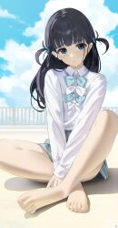 1girl absurdres aqua_bow aqua_bowtie bare_legs barefoot basori_tiara black_hair blue_eyes blue_sky blush bow bowtie closed_mouth cloud cloudy_sky day feet grey_skirt highres long_hair long_sleeves looking_at_viewer make_heroine_ga_oo_sugiru! mole mole_on_thigh mole_under_mouth no_legwear outdoors pleated_skirt railing rooftop school_uniform shirt sitting skirt sky solo songchuan_li thighs toenails toes tsuwabuki_high_school_uniform two_side_up v_arms white_bow white_bowtie white_shirt