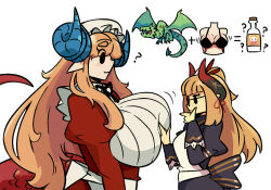 2girls ? breasts dragon_maid_(murgoten) equal_sign hat highres huge_breasts looking_at_another looking_at_breasts looking_at_viewer mob_cap multiple_girls murgoten original plus_sign spiral_horn