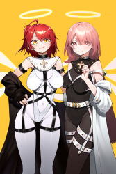 2girls absurdres arknights belt black_belt black_coat black_leotard bodysuit breasts chinese_commentary closed_mouth coat covered_navel cross cross_print energy_wings exusiai_(arknights) fingernails ghosty_(xiaobai) hair_between_eyes halo hand_on_own_hip highres lemuen_(arknights) leotard long_hair looking_at_viewer medium_breasts medium_hair multiple_girls o-ring o-ring_belt open_clothes open_coat pink_eyes pink_hair red_hair simple_background smile tongue tongue_out white_belt white_bodysuit white_coat white_halo white_leotard wings yellow_background yellow_eyes