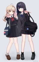 2girls :o ahoge black_hair black_serafuku black_shirt black_shoes black_skirt black_socks blue_bow blue_eyes blush bow brown_eyes brown_hair brown_shoes closed_mouth collared_shirt commentary grey_background grey_sweater gyaru_v hand_up highres loafers long_hair long_sleeves looking_at_viewer low_twintails minami_saki multiple_girls multiple_views neckerchief original penny_loafers pleated_skirt puffy_long_sleeves puffy_sleeves red_neckerchief sailor_collar school_uniform serafuku shirt shoes simple_background skirt sleeves_past_wrists smile socks sweater symbol-only_commentary twintails twitter_username v white_background white_sailor_collar white_shirt white_socks