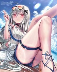 Rule 34 | 1girl, absurdres, arknights, bare shoulders, black choker, blue shorts, blue sky, blush, choker, closed mouth, eyewear on head, feet out of frame, geimudou, grey hair, hair between eyes, hair ornament, highres, long hair, looking at viewer, off-shoulder shirt, off shoulder, official alternate costume, orange-tinted eyewear, orca hair ornament, red eyes, shirt, short shorts, shorts, sitting, skadi (arknights), skadi (waverider) (arknights), sky, solo, sunglasses, thigh strap, thighs, tinted eyewear, white shirt