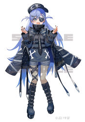Rule 34 | 1girl, aqua eyes, baseball cap, belt, black boots, black coat, black nails, black necktie, black pantyhose, black shorts, blue hair, bone hair ornament, boots, cartoon bone, coat, coat on shoulders, commentary request, company name, copyright notice, criss-cross straps, double finger heart, eyepatch, fang, finger heart, fingernails, full body, gigo, hair ornament, hairpin, hat, high collar, jewelry, lace-up boots, lack, long hair, long sleeves, looking at viewer, multiple belts, multiple rings, necktie, official art, one eye covered, open mouth, pantyhose, platform boots, quilted clothes, ring, sample watermark, sharp fingernails, shorts, simple background, skin fang, sleeve belt, smile, solo, standing, swept bangs, thigh strap, torn clothes, torn pantyhose, two side up, virtual youtuber, vspo!, watermark, white background, yano kuromu