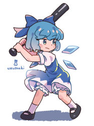 1girl artist_name baseball_bat black_footwear bloomers blue_bow blue_dress blue_eyes blue_hair blush bow cirno cirno_day closed_mouth commentary_request detached_wings dress fairy fairy_wings full_body hair_bow holding holding_baseball_bat ice ice_wings looking_to_the_side puffy_sleeves serious shirt short_hair short_sleeves simple_background skirt solo touhou underwear uzumaki_osushi white_background white_bloomers wings