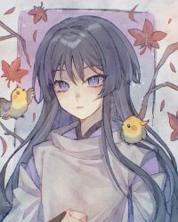 Rule 34 | 1boy, absurdres, alternate hair length, alternate hairstyle, androgynous, animal, animal on shoulder, armor, bird, bird on shoulder, black hair, blunt ends, branch, clothing cutout, colored inner hair, doll joints, eyelashes, eyeliner, eyeshadow, falling leaves, finch, genshin impact, grey pupils, highres, jairosan, japanese armor, japanese clothes, joints, kariginu, kimono, kote, kurokote, layered sleeves, leaf, light blush, long hair, looking at viewer, makeup, male focus, maple leaf, multicolored hair, parted lips, pink lips, purple eyes, purple hair, purple kimono, purple sleeves, red eyeliner, red eyeshadow, scaramouche (genshin impact), scaramouche (kabukimono) (genshin impact), shoulder cutout, solo, upper body, v-neck, very long hair, white mouth, white sleeves, wispy bangs