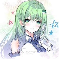 Rule 34 | 1girl, bare shoulders, breasts, closed mouth, collared shirt, detached sleeves, dot nose, frog hair ornament, green eyes, green hair, hair intakes, hair ornament, hair tubes, kochiya sanae, large breasts, light blush, long hair, looking at viewer, patterned clothing, shirt, simple background, single hair tube, single sidelock, sleeveless, sleeveless shirt, smile, snake hair ornament, solo, star (symbol), tomo (uguisu-tei), touhou, upper body, white background, wide sleeves, wing collar