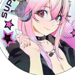 Rule 34 | 1girl, blush, breasts, ed0401, headphones, highres, long hair, looking at viewer, nitroplus, pink hair, red eyes, smile, solo, soniani, super sonico