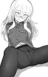1girl blush breasts crotch embarrassed fang fankupl glasses greyscale long_hair looking_at_viewer military_uniform monochrome open_mouth panties panties_under_pantyhose pantyhose perrine_h._clostermann simple_background sketch small_breasts solo spread_legs strike_witches underwear world_witches_series