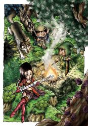 Rule 34 | 1girl, 2boys, :d, aira (dq7), black eyes, black hair, blue cloak, boots, border, breasts, brown bustier, brown hair, bustier, campfire, cleaning, cleaning weapon, cleavage, cloak, commentary request, crossed legs, dragon quest, dragon quest vii, from above, gabo, gloves, grass, green hat, green tunic, hat, hat flaps, hero (dq7), holding, holding stick, holding sword, holding weapon, jacket, jewelry, leaf, long hair, multiple boys, murakami yumiko, navel, on ground, open mouth, outdoors, red boots, red gloves, red jacket, red lips, silver thighlet, sitting, smile, smoke, stick, sword, thigh boots, thighlet, toriyama akira (style), tree, tunic, weapon, white border, white tunic, wolf