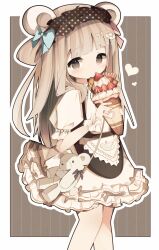 Rule 34 | 1girl, absurdres, animal ears, apron, aqua ribbon, bear ears, black apron, blush, brown hair, crepe, dress, eating, eyebrows hidden by hair, flat chest, food, frilled dress, frills, from side, fruit, gloves, hair ribbon, hair rings, highres, holding, holding crepe, holding food, long hair, open mouth, original, ribbon, solo, strawberry, stuffed animal, stuffed toy, teddy bear, user wyxr8822, waist apron, white dress, white gloves
