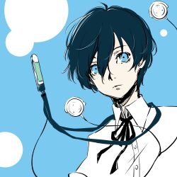1boy absurdres black_hair black_ribbon blue_background blue_eyes bubble buttons chinese_commentary closed_mouth collared_shirt commentary_request dress_shirt earbuds earphones expressionless eyelashes floating_neckwear hair_between_eyes highres jewelry light_frown lips looking_at_viewer neck_ribbon pendant persona persona_3 qianyimuthyimu ribbon school_uniform shirt short_hair short_sleeves simple_background sleeve_cuffs solo upper_body white_shirt yuuki_makoto_(persona_3)
