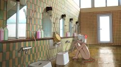 1girl ahoge animal_ears bath_stool bucket closed_eyes closed_mouth commentary completely_nude day door english_commentary extra_ears eyebrows_hidden_by_hair from_side hair_between_eyes highres hugging_own_legs knees_to_chest knees_up leaning_forward legs_together mirror mouse_ears mouse_girl mouse_tail nude on_floor original perl_(vertigris) puddle shampoo_bottle short_hair shower_(place) shower_head showering sidelocks sitting solo stool tail tile_floor tile_wall tiles vertigris wet wet_floor white_hair window wooden_bucket