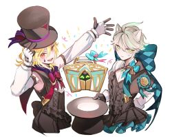 Rule 34 | 2boys, :d, ahoge, alhaitham (genshin impact), animal ears, aqua bow, aqua hair, arm behind back, arm up, award ribbon, back bow, black capelet, black corset, black dress, black gloves, black hat, blonde hair, bow, bowtie, brown bow, brown bowtie, capelet, cat ears, closed mouth, commentary, confetti, corset, cosplay, crossdressing, detached sleeves, dress, expressionless, facial mark, frills, genshin impact, gloves, green eyes, grey hair, hair between eyes, hand on headwear, hand up, hat, holding, holding unworn clothes, holding unworn hat, kaveh (genshin impact), lalamilali, long hair, long sleeves, looking at viewer, lynette (genshin impact), lynette (genshin impact) (cosplay), lyney (genshin impact), lyney (genshin impact) (cosplay), male focus, mehrak (genshin impact), multicolored hair, multiple boys, open mouth, parted bangs, pectoral cleavage, pectorals, pleated dress, red bow, red bowtie, red eyes, shirt, short dress, short hair, shrug (clothing), sidelocks, simple background, sleeve cuffs, sleeveless, sleeveless shirt, smile, star (symbol), star facial mark, streaked hair, suitcase, swept bangs, symbol-only commentary, teardrop facial mark, teeth, top hat, two-tone gloves, unworn hat, unworn headwear, upper teeth only, white background, white gloves, white shirt, white shrug, white sleeves