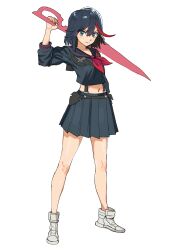 1girl arm_at_side arm_up belt black_belt black_serafuku black_suspenders blue_eyes blue_hair blue_sailor_collar blue_serafuku blue_skirt breasts closed_mouth commentary crop_top crop_top_overhang cropped_shirt dot_nose double-parted_bangs english_commentary eyepatch floating_neckwear frown full_body furrowed_brow glaring hair_flaps high_tops highres holding holding_behind_back holding_sword holding_sword_behind_back holding_weapon holding_weapon_behind_back kill_la_kill knees legs_apart long_eyelashes long_legs long_sleeves looking_at_viewer matheus_felipe matoi_ryuuko medium_hair midriff miniskirt multicolored_hair navel neckerchief no_dickey pleated_skirt red_hair red_neckerchief red_streaks red_trim sailor_collar school_uniform scissor_blade_(kill_la_kill) senketsu serafuku serious shoes simple_background single_hair_streak skirt small_breasts sneakers solo standing streaked_hair suspenders sword thick_eyelashes thighs tsurime two-tone_hair v-neck v-shaped_eyebrows weapon white_background white_shoes white_sneakers
