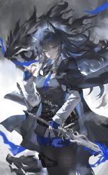 1girl animal_ear_fluff animal_ears arknights black_coat black_hair black_pantyhose black_tail blue_gloves blue_necktie blue_shorts bolo_tie coat coat_on_shoulders cowboy_shot drone_(drone_37) fingerless_gloves floating_hair gloves hair_between_eyes highres holding holding_sword holding_weapon long_hair looking_at_viewer magic mouth_hold necktie official_alternate_costume pantyhose purple_eyes shirt shorts solo standing sword tail texas_(arknights) texas_the_omertosa_(arknights) thigh_strap weapon white_shirt wolf_ears wolf_girl wolf_tail yellow_eyes