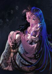 1girl absurdres bare_shoulders black_background black_dress black_hands black_veil blue_eyes blue_veil chimera colored_extremities crossed_arms dress highres knees_up long_hair moondown_(twtmoondown) nautika_(reverse:1999) pink_hair reverse:1999 sidelighting sitting solo strapless strapless_dress two-tone_veil upper_body veil very_long_hair