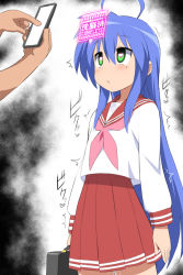 1boy 1girl bad_source blue_hair blush cellphone dress female_orgasm green_eyes heart heart-shaped_pupils high-waist_skirt izumi_konata long_hair lucky_star mind_control moaning orgasm otoo_(izanagi) phone pleated_skirt pussy_juice red_skirt sailor_collar sailor_dress saliva saliva_trail school_uniform skirt smartphone spontaneous_orgasm standing symbol-shaped_pupils to-gnaniwa translation_request trembling very_long_hair