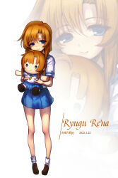 1girl absurdres artist_name blue_eyes blue_sailor_collar blue_skirt brown_hair character_doll character_name closed_mouth color_banding dated doll full_body highres higurashi_no_naku_koro_ni holding holding_doll loafers long_hair looking_at_viewer orange_hair pleated_skirt ryuuguu_rena sailor_collar school_uniform serafuku shirt shoes short_hair short_sleeves simple_background skirt smile socks solo standing user_ycmn2552 white_background white_shirt white_socks zoom_layer