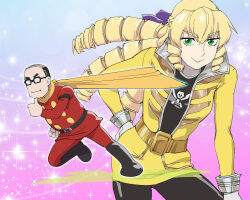 Rule 34 | 1boy, 1girl, akuyaku reijou tensei ojisan, blonde hair, cosplay, cyborg 009, drill hair, drill sidelocks, glasses, gokai yellow, grace auvergne, green eyes, highres, kaizoku sentai gokaiger, looking at viewer, luka millfy, luka millfy (cosplay), scarf, shimamura joe, sidelocks, super sentai, tondabayashi kenzaburou, ueyama michirou, voice actor connection, yellow scarf