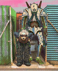 Rule 34 | 2016, 2016 (human party termination), 2others, bent over, chain, cross, cross earrings, earrings, feet, hairline, highres, human party termination, jewelry, monster, multiple others, open mouth, pants, plastiboo, shirt, shoes, short hair, smile, spiked shoes, spikes, stuffed animal, stuffed toy, teeth, veins, white hair
